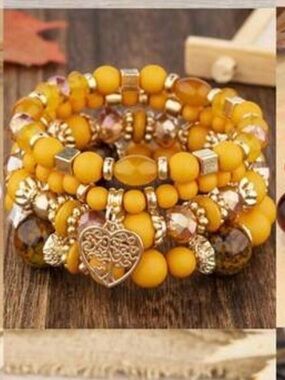 Yellow Beaded Heart Charm Bracelet Stack